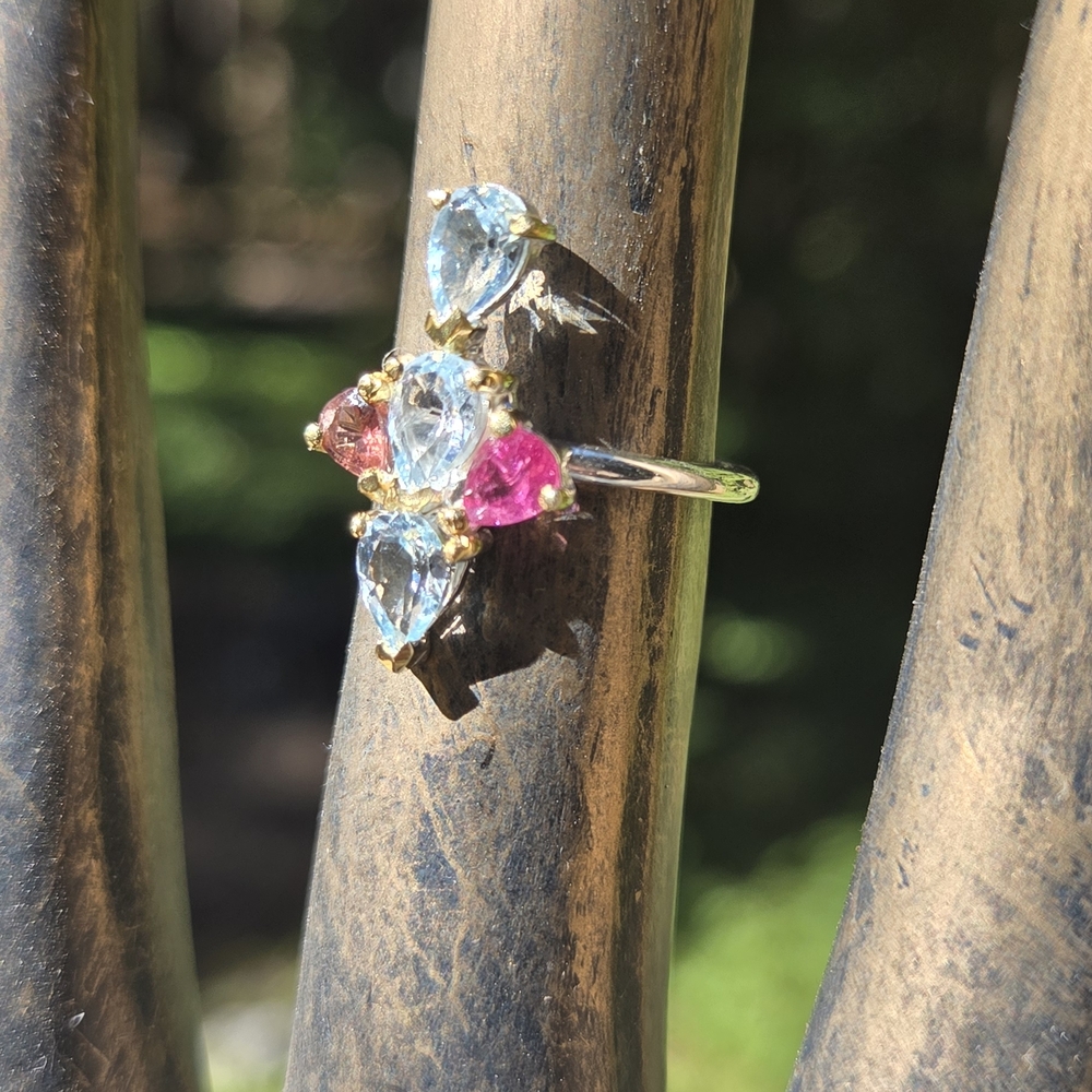 Blue Topaz 6k & Tourmaline Stering & Gold Ring Sz6 - Picture 1 of 8